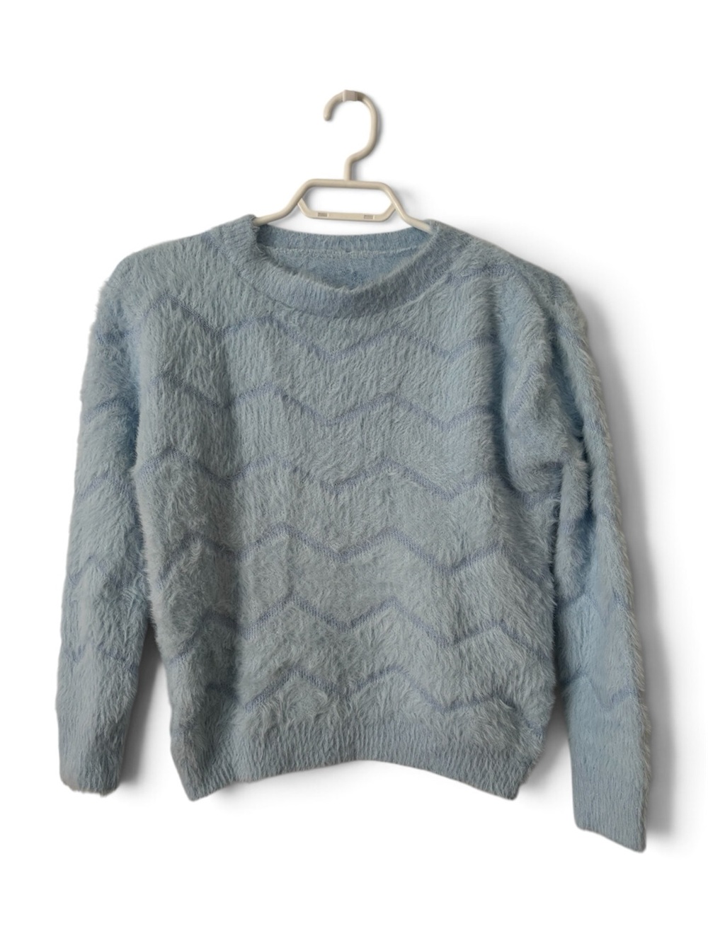 Soft Fluffy Pastel Blue Chevron Knit Sweater Long Sleeve Soft Cozy Chic size S